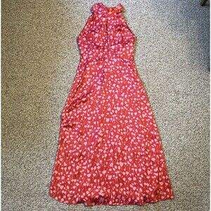 Zara Womens Satin Slip Dress Midi XS Floral Red Pink Choker Tie Slit Romantic